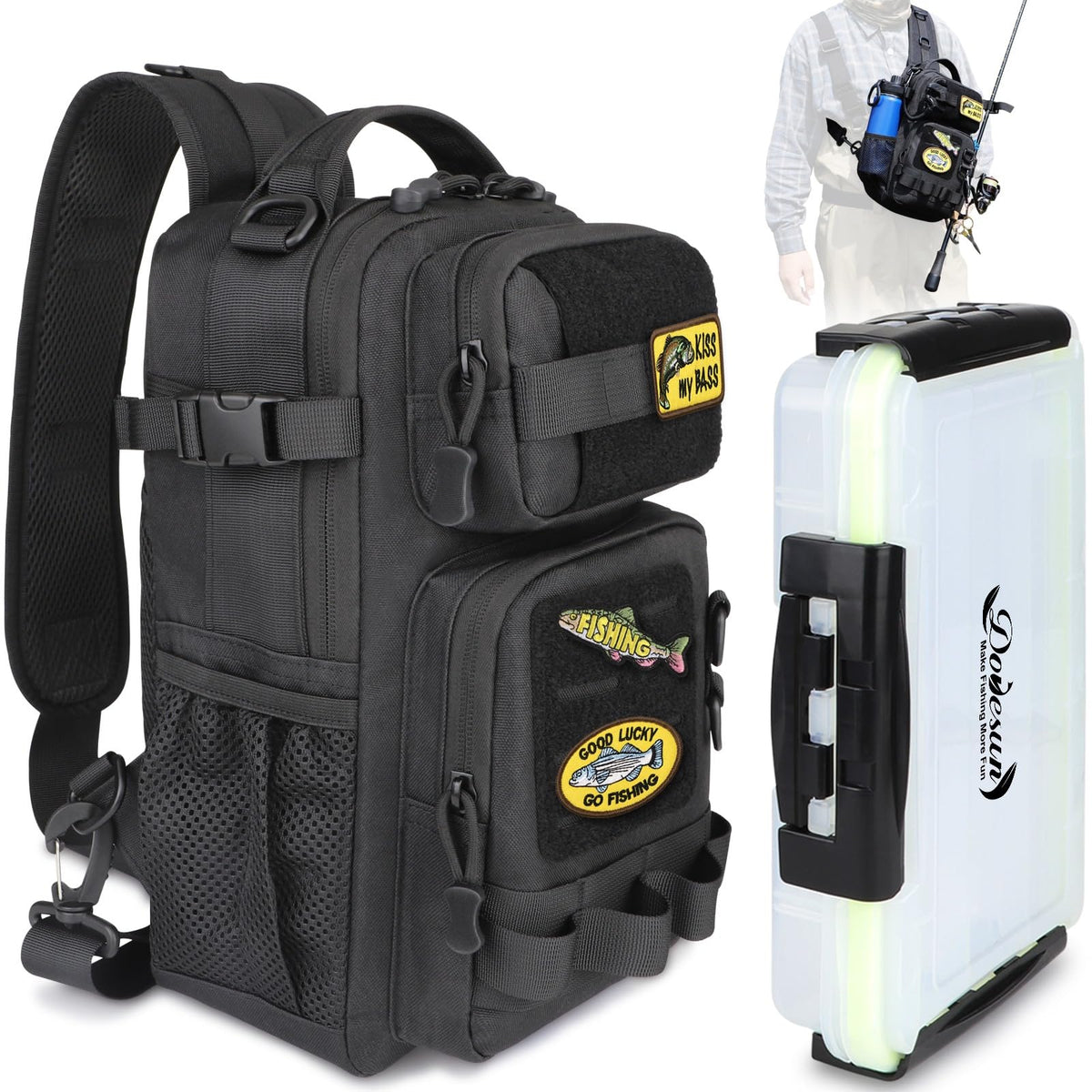 Dovesun Fishing Sling Tackle Bag with 3600 Tackle Trays DIY Logos Fishing Backpack Fishing Tackle Storage Bag with Rod Holder-1pcs Tackle Box Sling Bag for Fishing Hiking Camping Black
