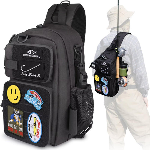 LUCKYFISHING Fishing Backpack Fishing Sling Bag Fly Fishing Bag Lightweight Fishing Backpack with 6PCS Hook Style-DIY Embroidery Patches