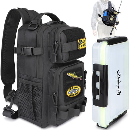 Dovesun Fishing Sling Tackle Bag with 3600 Tackle Trays DIY Logos Fishing Backpack Fishing Tackle Storage Bag with Rod Holder-1pcs Tackle Box Sling Bag for Fishing Hiking Camping Black
